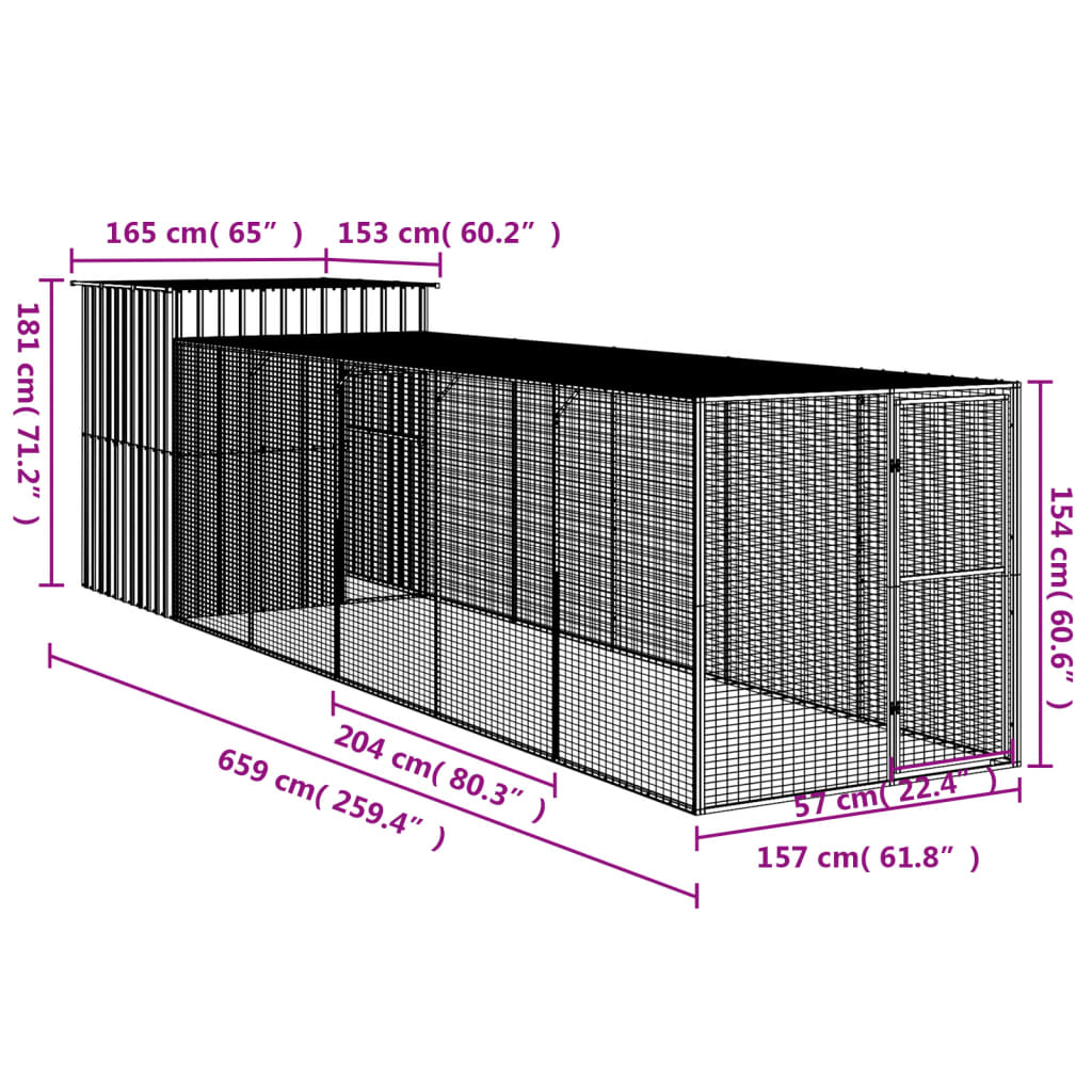 Kippenhok met ren 165x659x181 cm gegalvaniseerd staal antraciet - Afbeelding 8