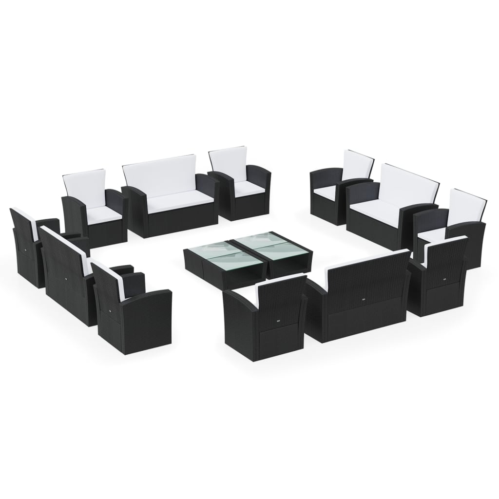 16-delige Loungeset met kussens poly rattan zwart - Afbeelding 2