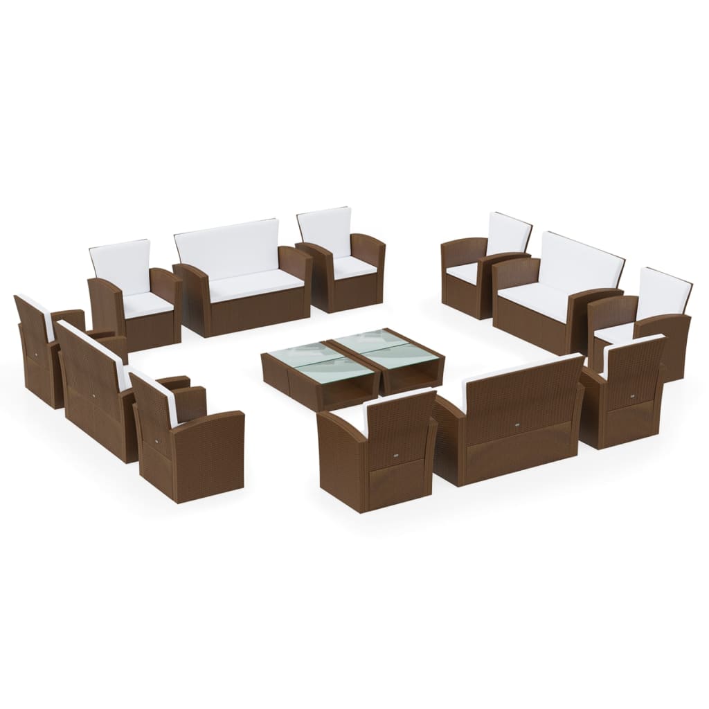 16-delige Loungeset met kussens poly rattan bruin - Afbeelding 2