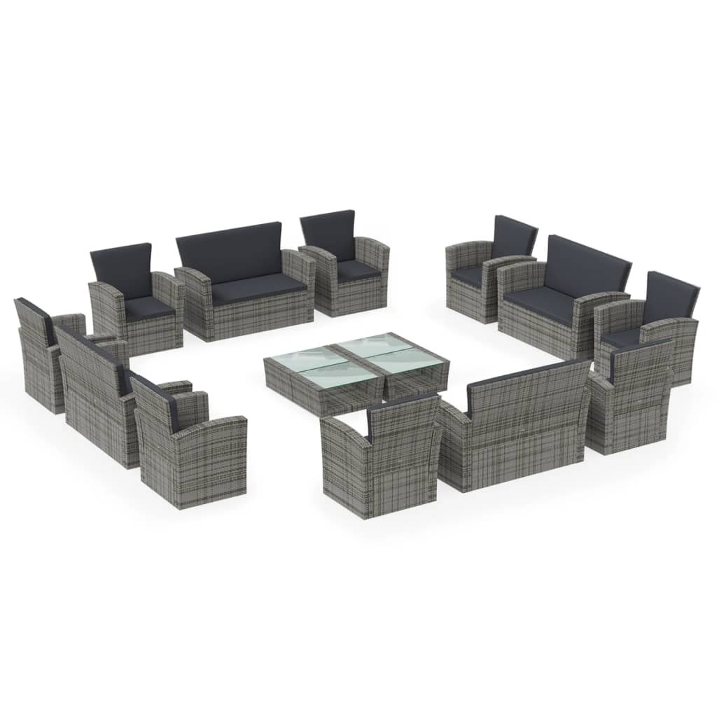 16-delige Loungeset met kussens poly rattan grijs - Afbeelding 2