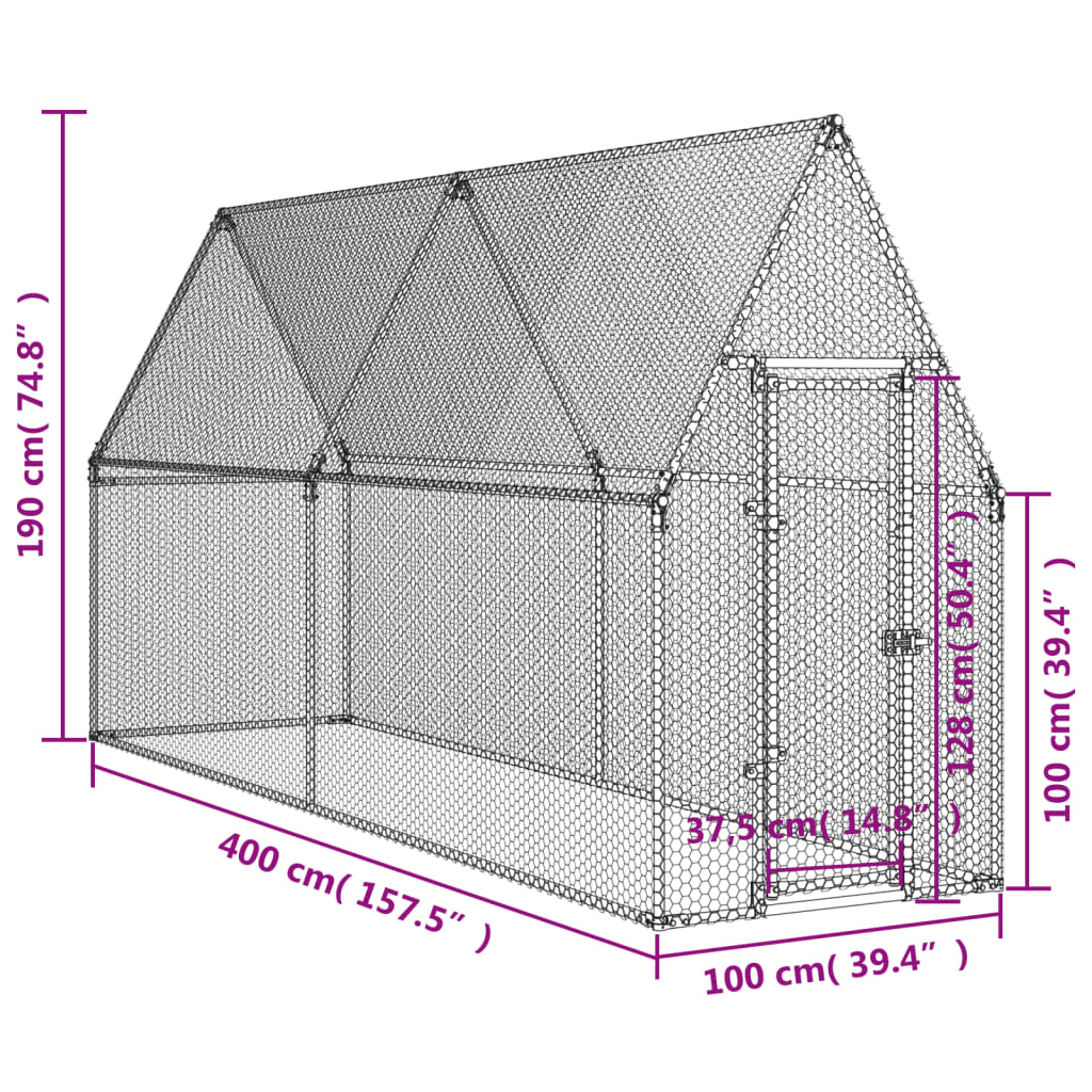 Kippenhok 400x100x190 cm gegalvaniseerd staal zilverkleurig - Afbeelding 10