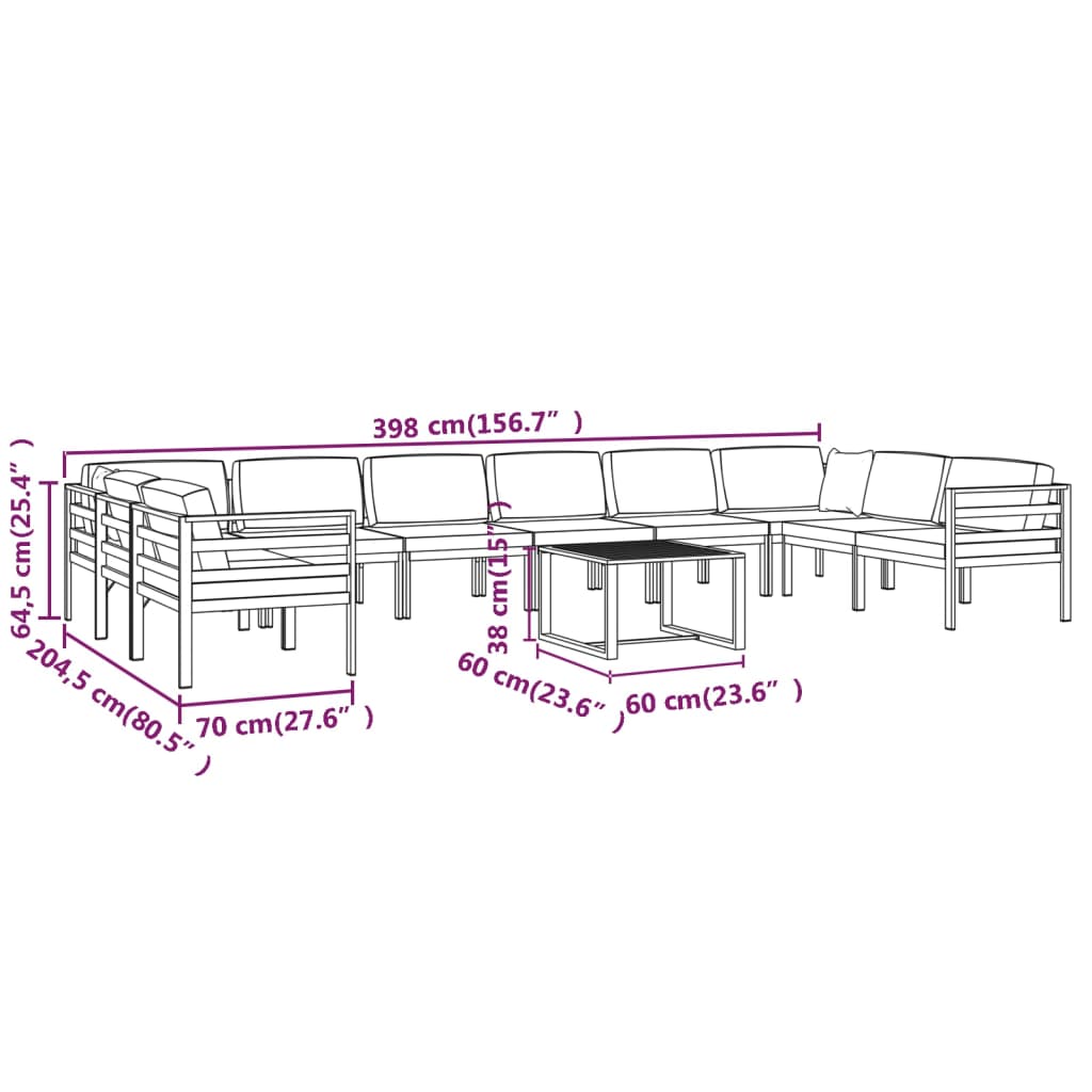 11-delige Loungeset met kussens aluminium antracietkleurig - Afbeelding 9