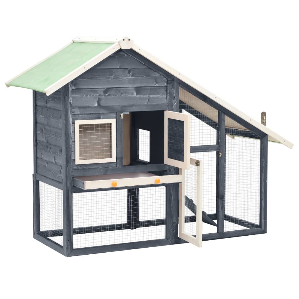 Konijnenhok 140x63x120 cm massief vurenhout grijs en wit - Afbeelding 2