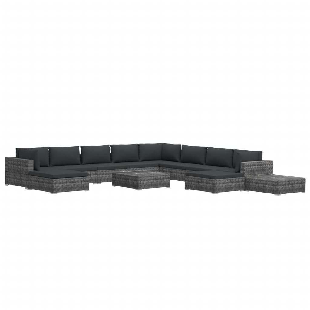 12-delige Loungeset met kussens poly rattan grijs - Afbeelding 2