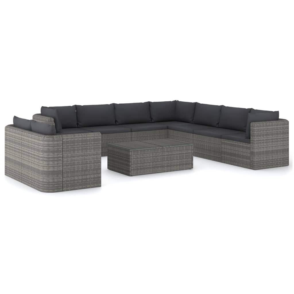 10-delige Loungeset met kussens poly rattan grijs - Afbeelding 2