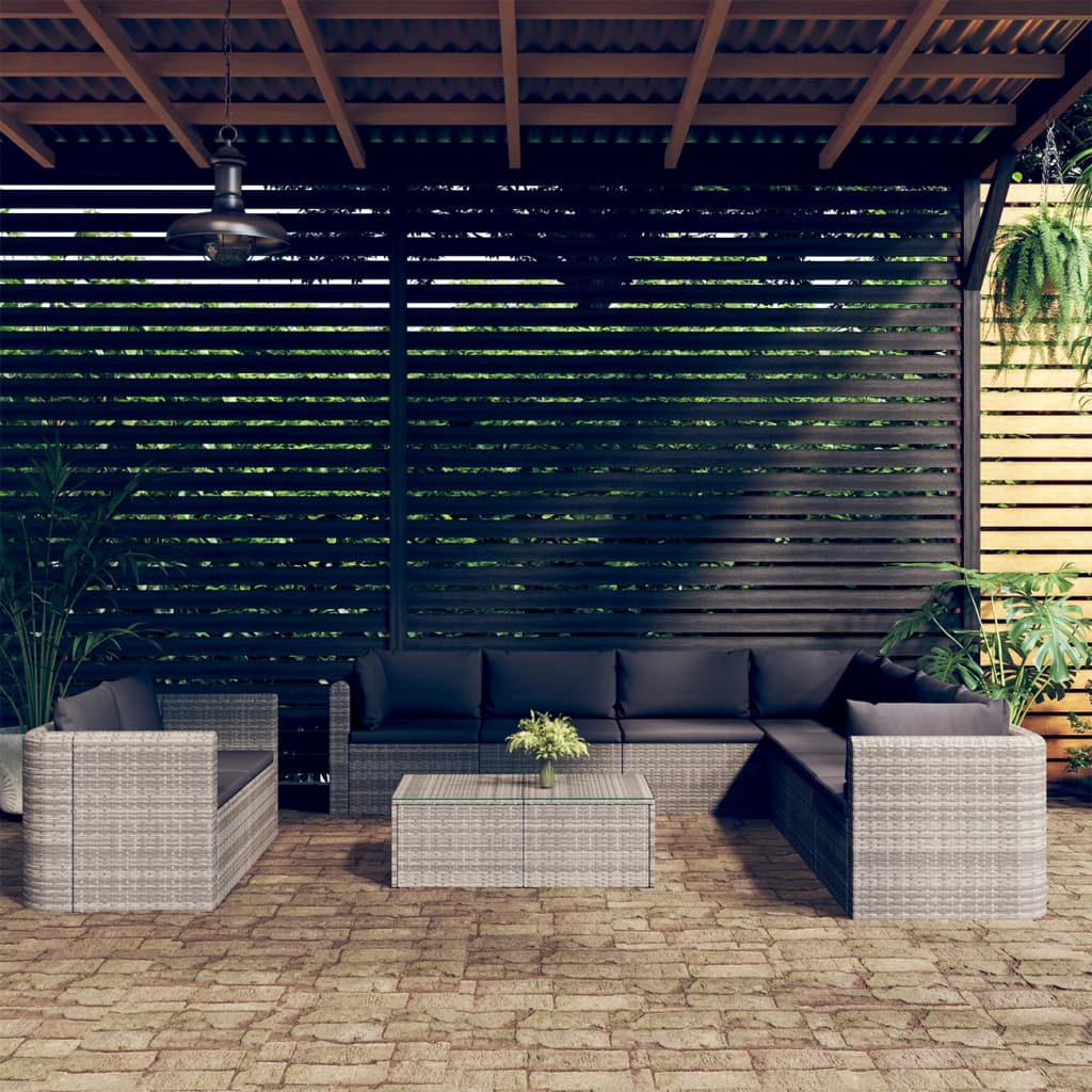 10-delige Loungeset met kussens poly rattan grijs
