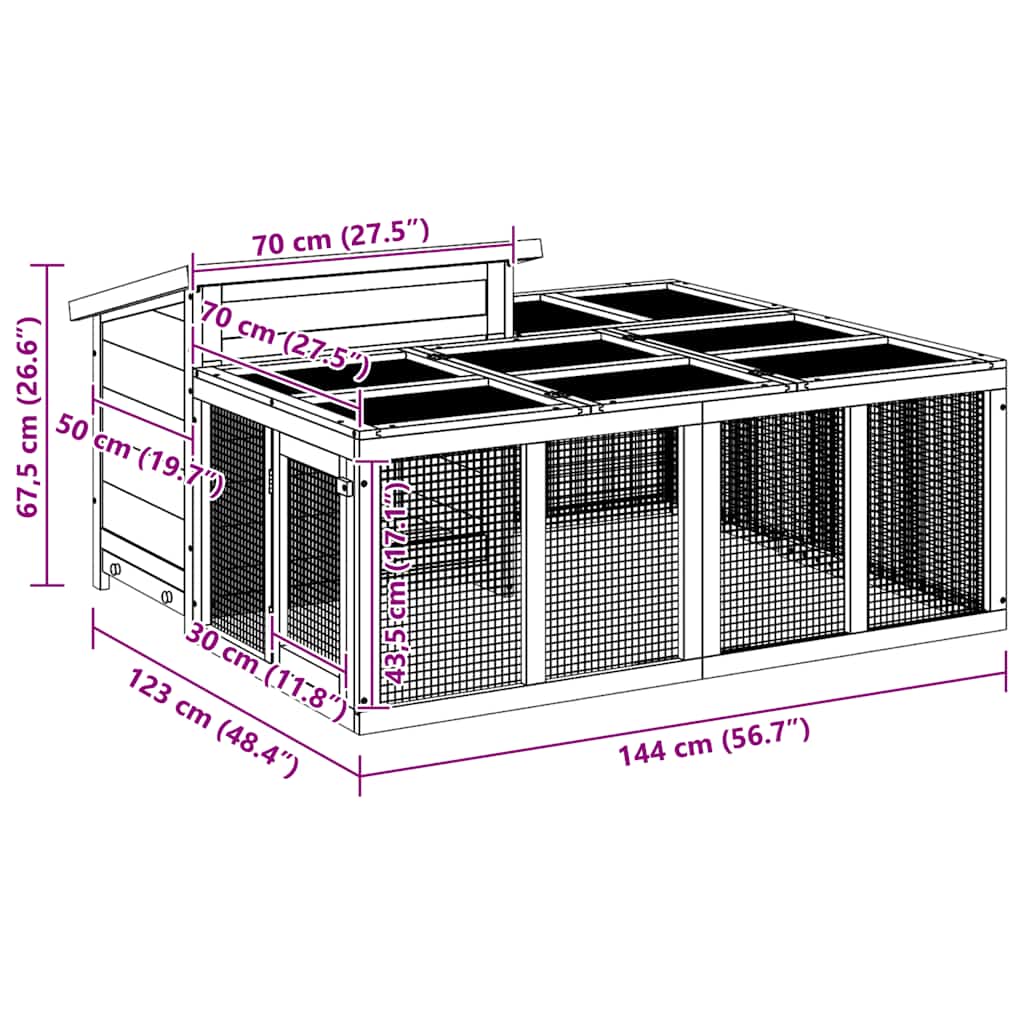 Konijnenhok 144x123x67,5 cm massief grenenhout grijs - Afbeelding 10