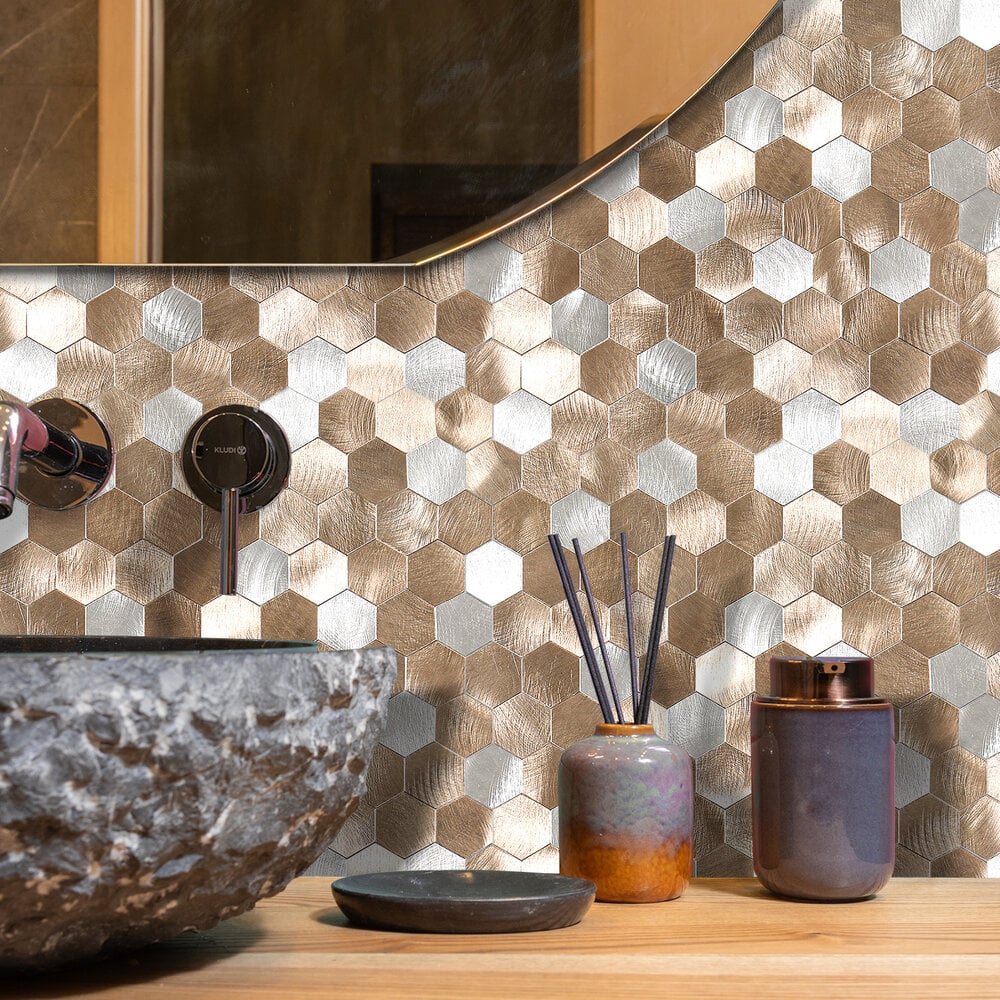 Geborsteld Zilver - Bronce MIX HEXAGON - Zelfklevend Mozaiek 291x286x4mm - Afbeelding 2